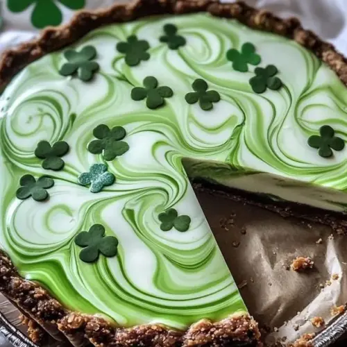 Delicious Shamrock Swirl Pie with green mint swirls on a white creamy base.