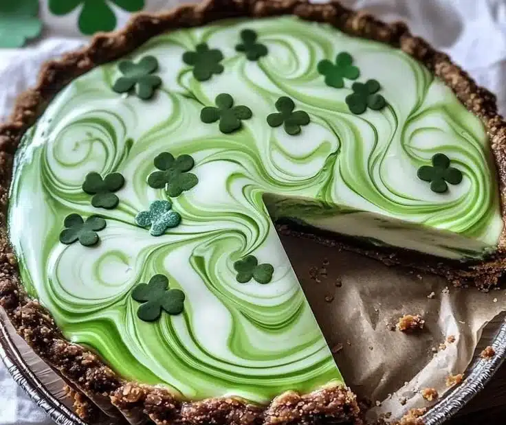 Delicious Shamrock Swirl Pie with green mint swirls on a white creamy base.