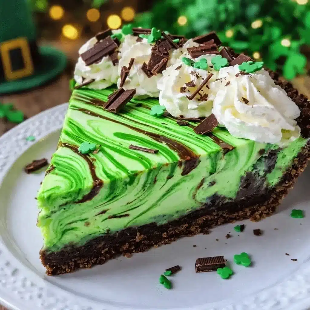 Shamrock Swirl Pie topped with peppermint swirls and chocolate drizzle