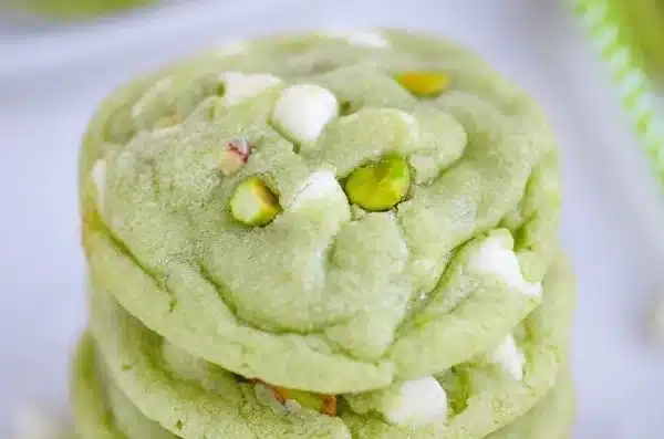 Soft and chewy pistachio pudding cookies on a baking tray