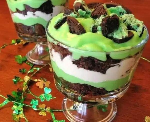 St. Patrick's Day Brownie Trifle with layers of brownies and cream