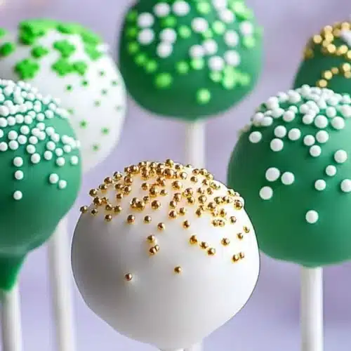 Colorful St. Patrick's Day cake pops decorated with green and gold for celebrations.