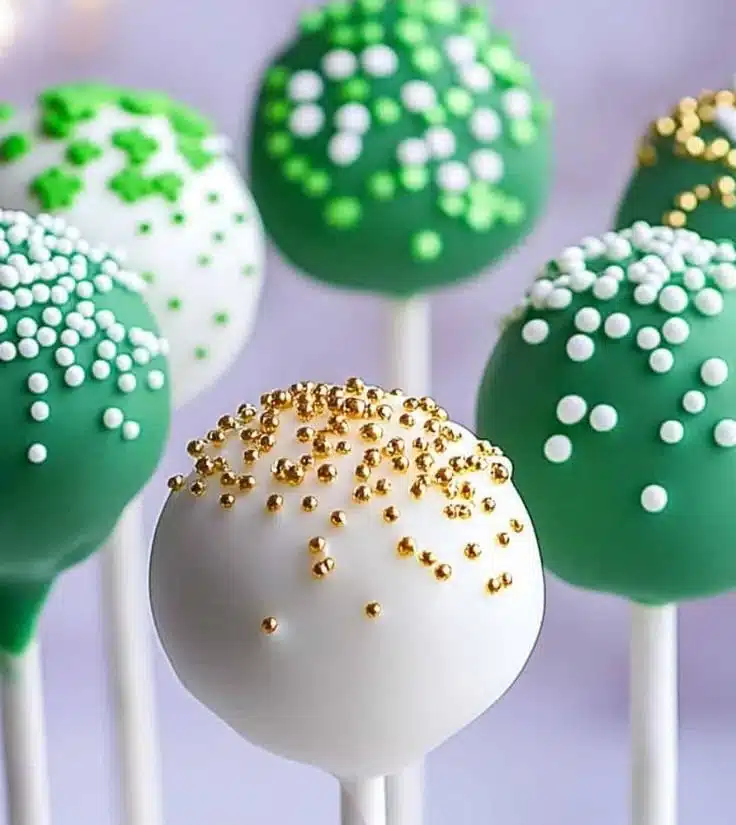 Colorful St. Patrick's Day cake pops decorated with green and gold for celebrations.