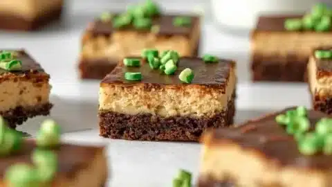 St. Patrick's Day cheesecake brownies with green decorations and gold sprinkles