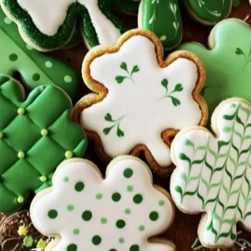 Colorful St Patrick's Day Cookies decorated with shamrocks and rainbows