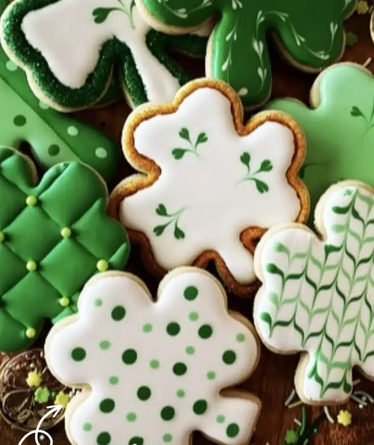 Colorful St Patrick's Day Cookies decorated with shamrocks and rainbows