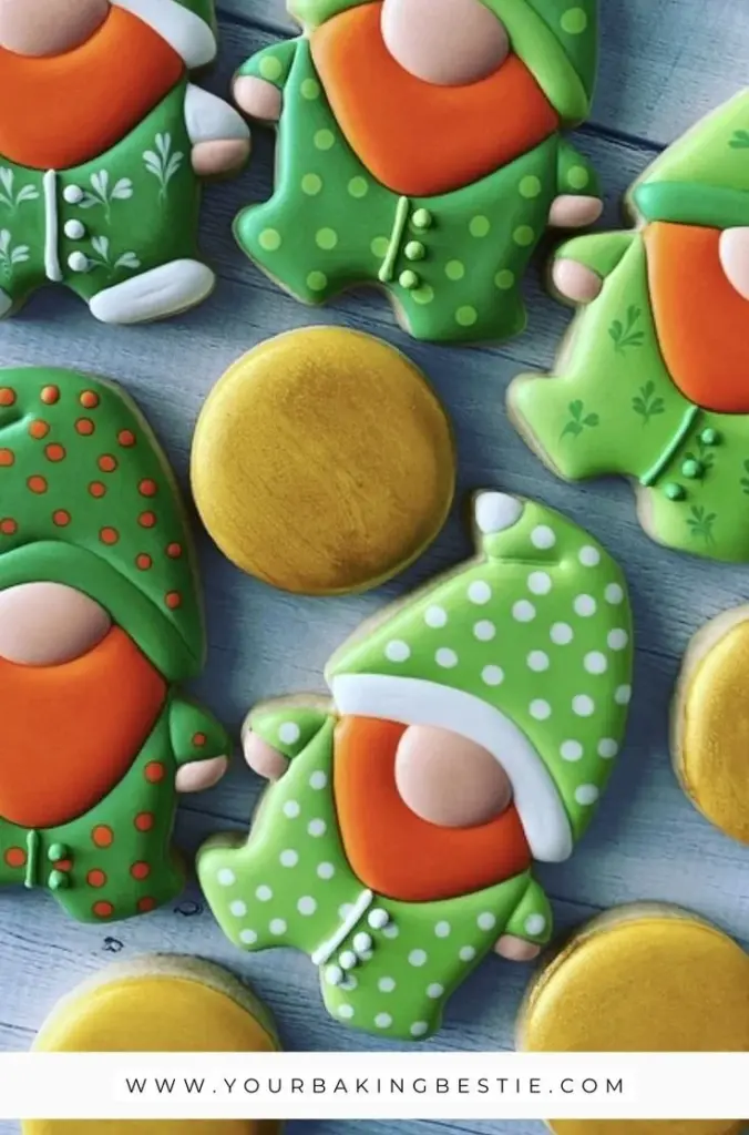St. Patrick's Day Gnome Cookies decorated with green and gold icing
