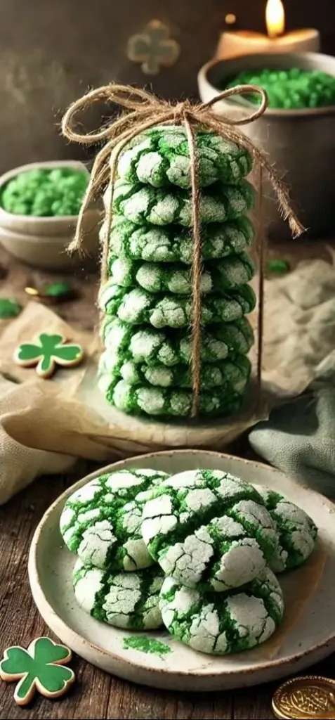 Delicious St. Patrick's Day green crinkle cookies on a festive table.