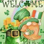 St. Patrick's Day 100-piece jigsaw puzzle with leprechaun gnomes and shamrocks.