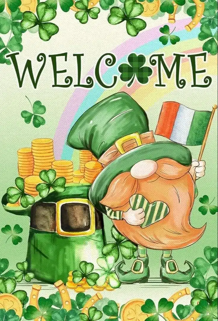 St. Patrick's Day 100-piece jigsaw puzzle with leprechaun gnomes and shamrocks.