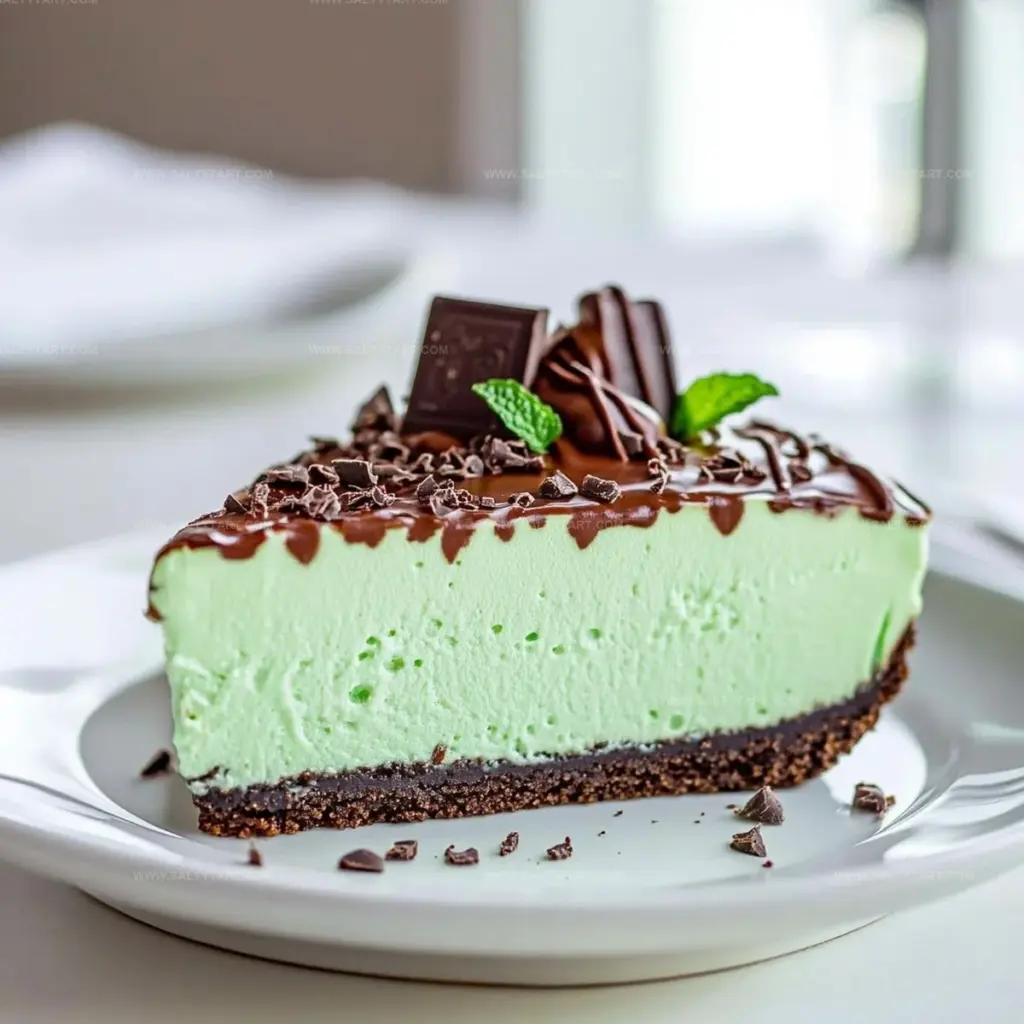 St. Patrick's Day mint chocolate cheesecake topped with green sprinkles