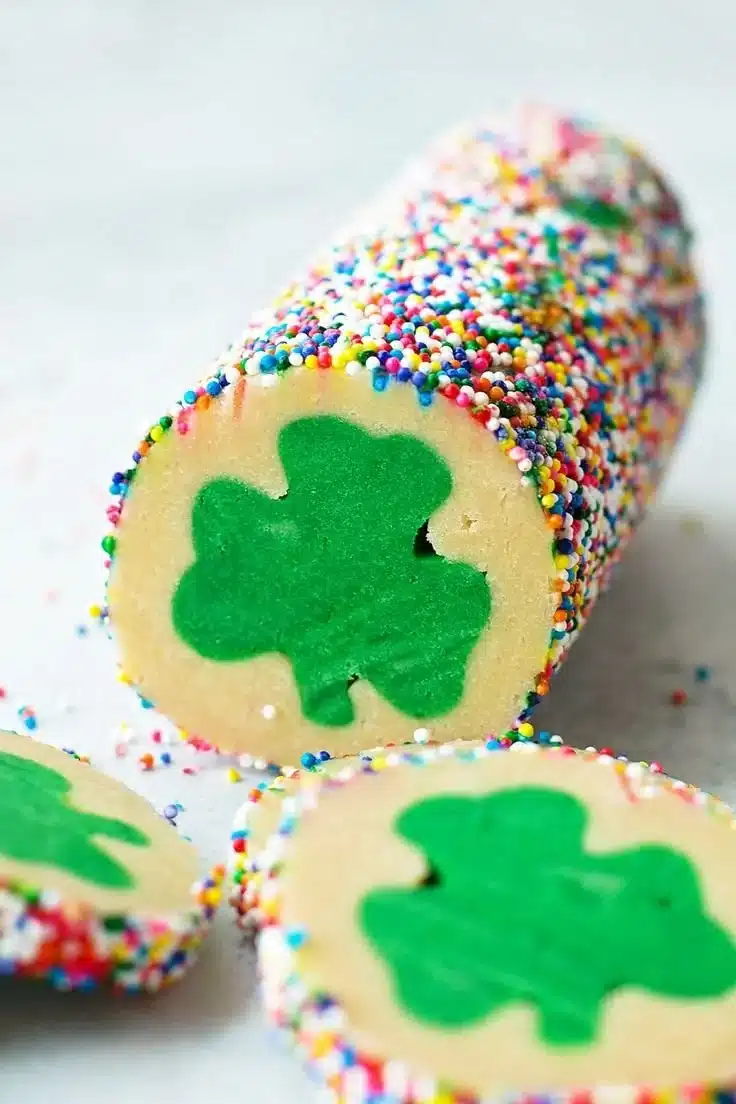 Colorful St. Patrick's Day slice and bake cookies decorated with green icing.