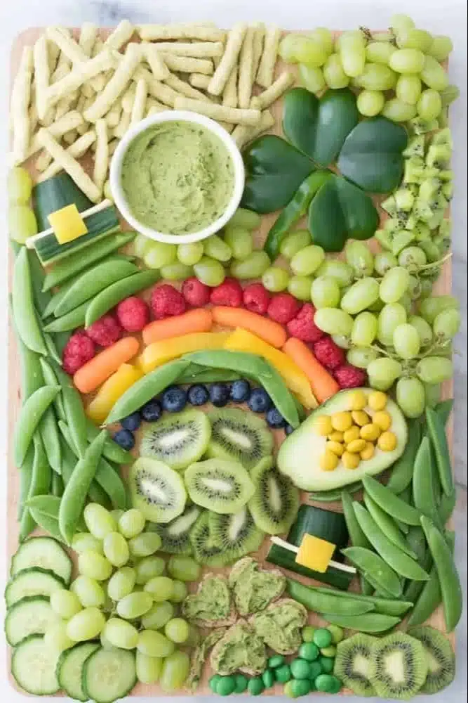 St. Patrick's Day snack board featuring festive treats and decorations