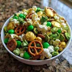 Festive St. Patrick's Day snack mix with green treats and festive colors