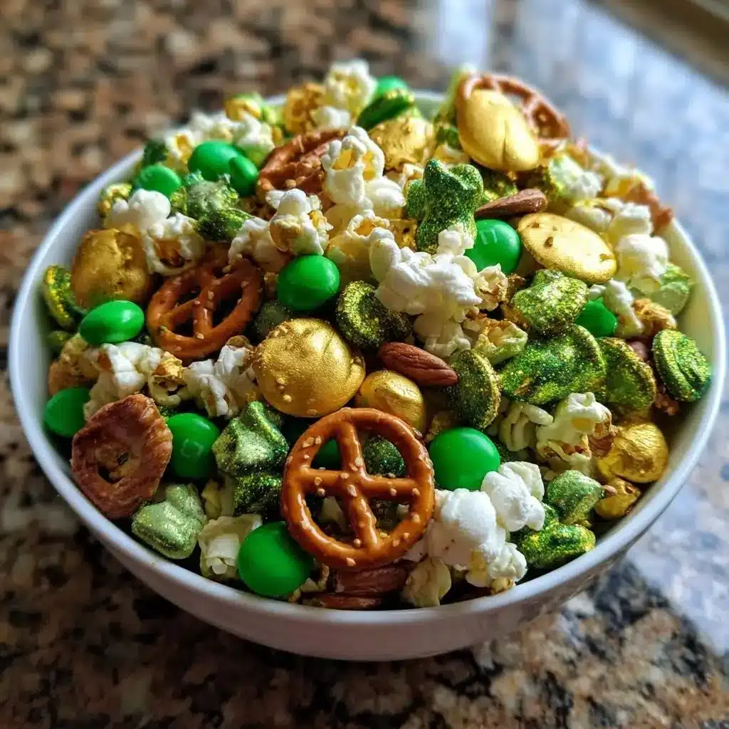Festive St. Patrick's Day snack mix with green treats and festive colors