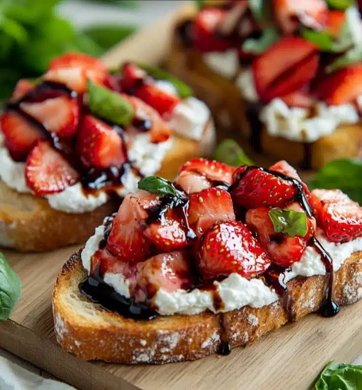 Delicious Strawberry Ricotta Bruschetta served on crispy bread