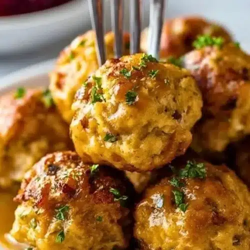 Delicious Thanksgiving stuffing balls served on a rustic wooden platter