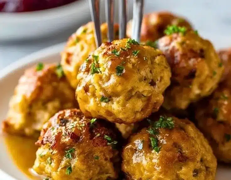 Delicious Thanksgiving stuffing balls served on a rustic wooden platter
