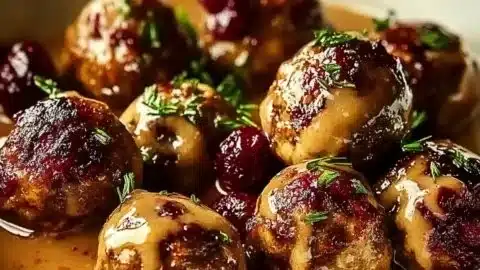 Thanksgiving turkey cranberry meatballs served on a festive platter