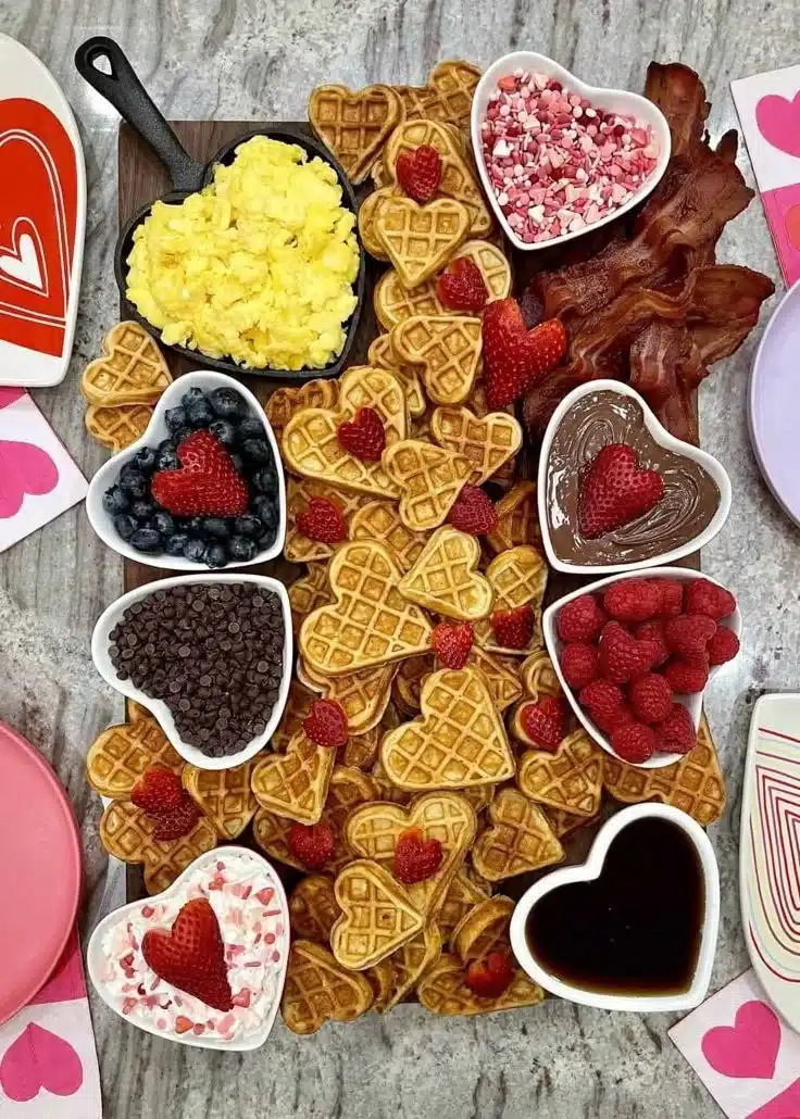 Valentine's Day waffle board with heart-shaped waffles and toppings.