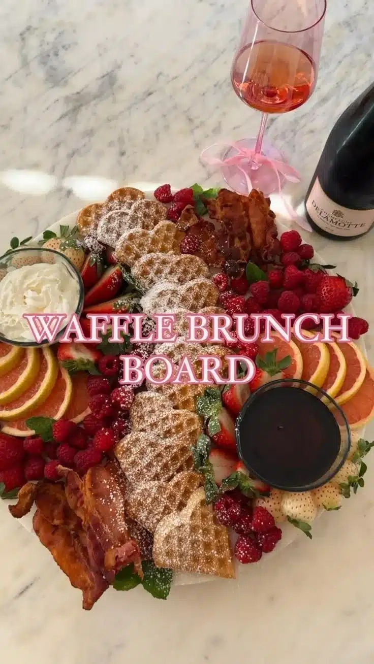 A beautifully arranged waffle brunch board with various toppings and fruits.