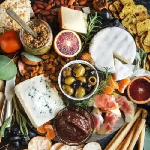 Winter charcuterie board featuring seasonal cheeses, cured meats, and festive decorations