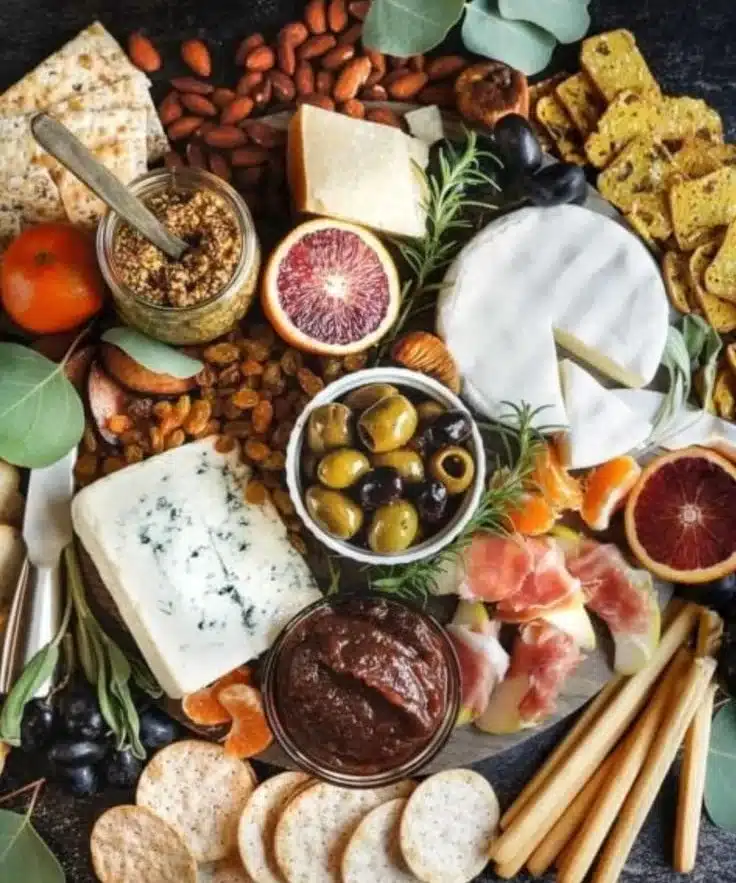 Winter charcuterie board featuring seasonal cheeses, cured meats, and festive decorations