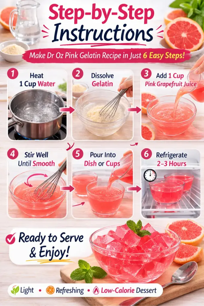 Step-by-step instructions for Dr Oz pink gelatin recipe showing how to dissolve gelatin, add grapefruit juice, and refrigerate the low calorie dessert
