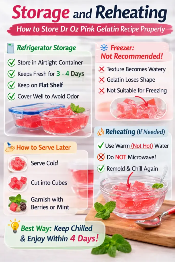 Storage and reheating guide for Dr Oz pink gelatin recipe showing refrigerator storage tips and how to keep gelatin fresh for 3 to 4 days