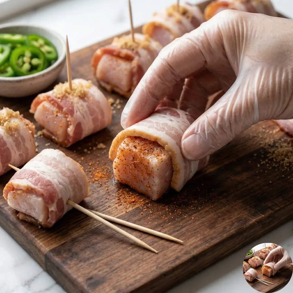 Close-up of a gloved hand wrapping a slice of thick-cut bacon around a 1-inch alligator meat cube heavily dusted with Cajun seasoning for the WW2 wrapped gator bites recipe. Finished bites secured with toothpicks are in the background on a wooden board.