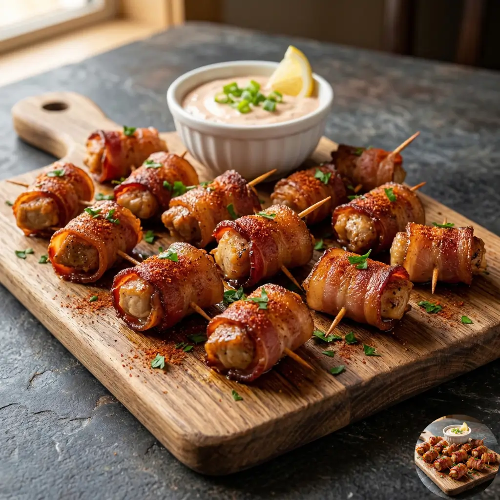 Close-up of crispy WW2 wrapped gator bites recipe featuring alligator sirloin wrapped in thick-cut bacon, dusted with Cajun seasoning, and served on a rustic wooden board with remoulade dipping sauce.