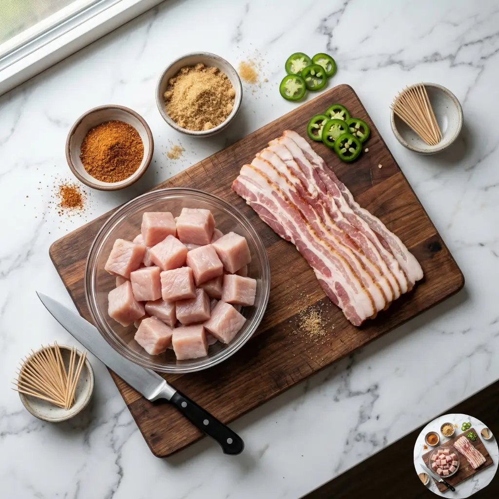 Top-down flat lay view of 5 raw ingredients for the WW2 wrapped gator bites recipe: 1-inch cubed alligator sirloin, thick-cut bacon strips, brown sugar, Cajun seasoning, and sliced jalapeños on a wooden board.
