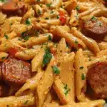 One-pot creamy spicy Cajun sausage pasta garnished with fresh herbs