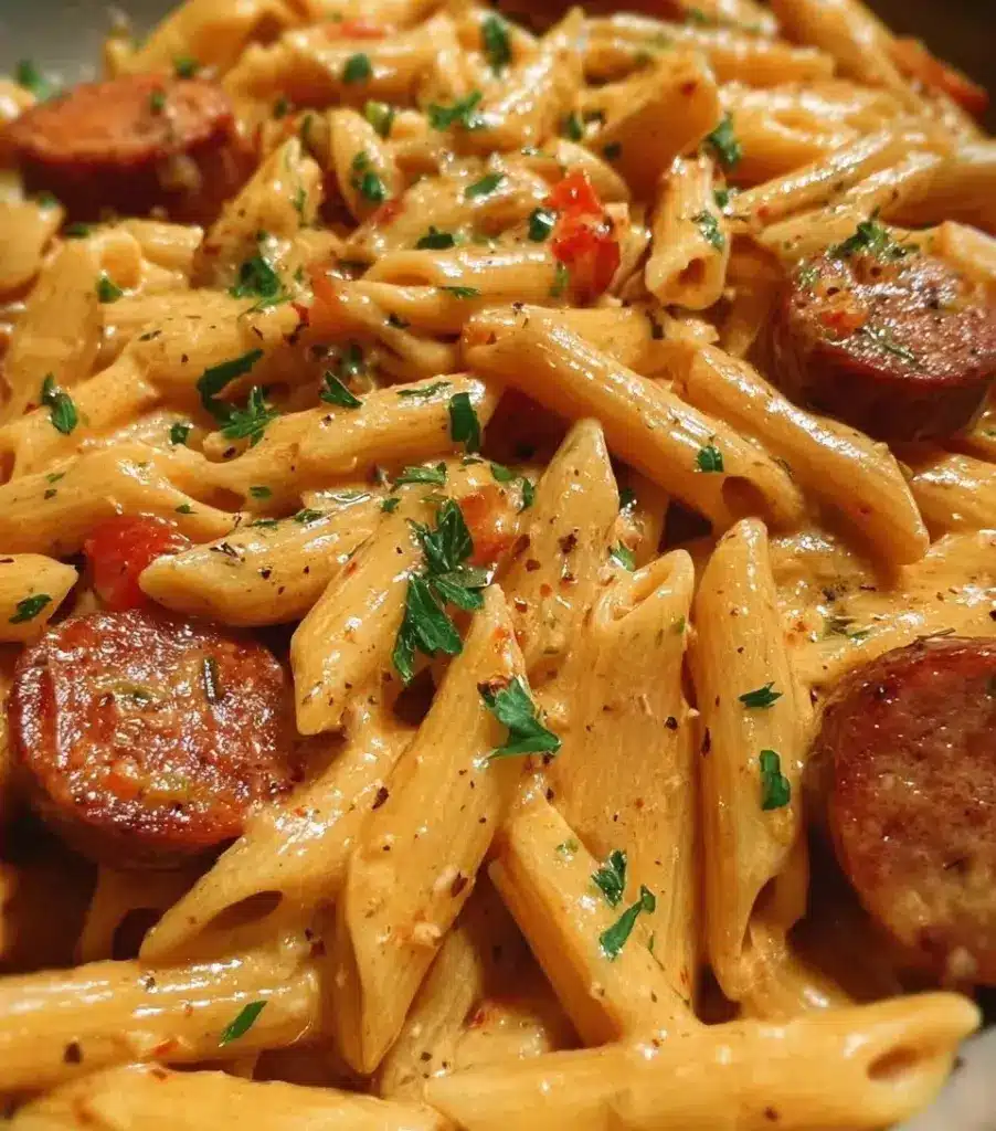 One-pot creamy spicy Cajun sausage pasta garnished with fresh herbs