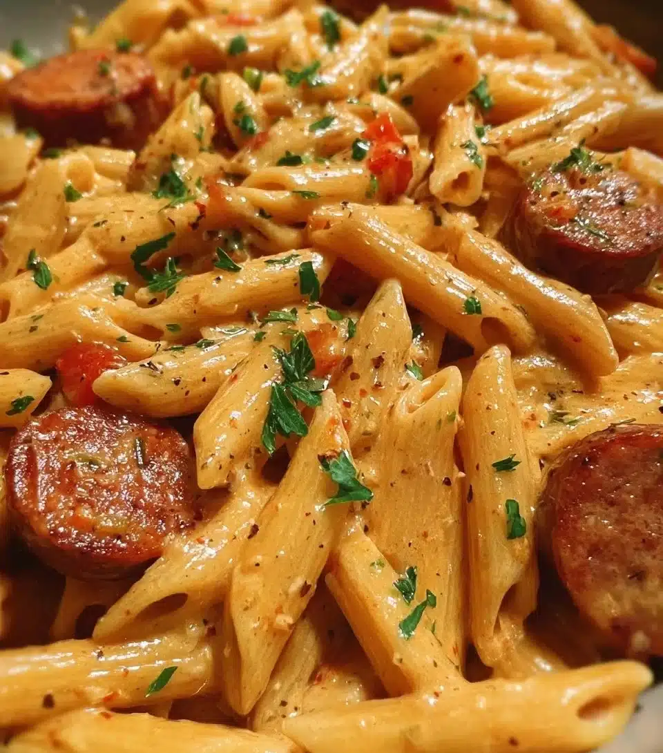 One-pot creamy spicy Cajun sausage pasta garnished with fresh herbs